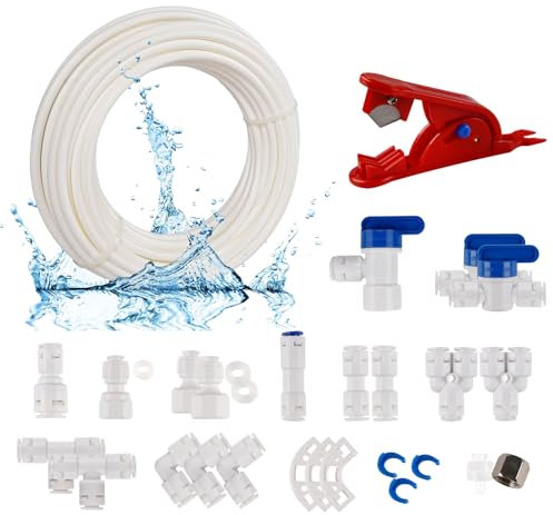 ilauke 15m Wasserzulaufleitung Universal Anschluss-Set, 22 Stück RO Water Filter Fitting für 1/4 Zoll Schlauch, Kühlschrankschlauch, Wasserschlauch Rohrschneider (Y + T + I + L Typ + Absperrventil)
