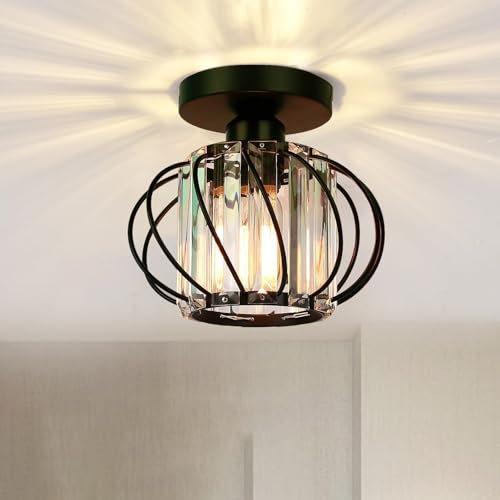 COOINJOY E27 Modern LED Crystal Chandeliers, Semi Flush Mount Ceiling Light Fitting for Kitchen, Hallway, Dining Room, Living Room, Black(Bulb not Included)