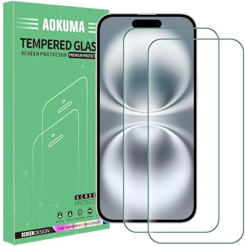 AOKUMA Tempered Glass for iPhone 16 Plus-6.7, Screen Protector, [2 Pack] Premium Quality Guard Film, Case Friendly, Shatterproof, Shockproof, Scratchproof, Oilproof