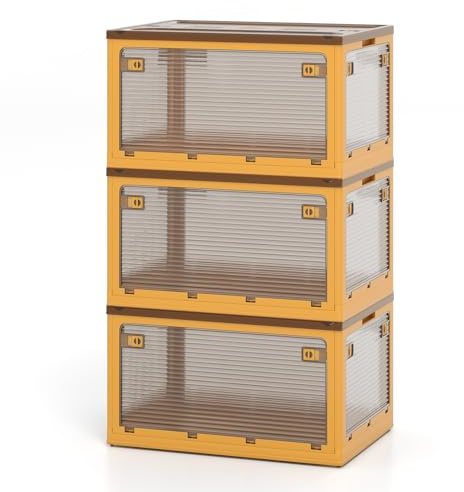 GIANTEX 3er Aufbewahrungsbox mit Deckel, 98L x 3 Stapelboxen Faltbar, Aufbewahrungsbehälter mit 5 Türen & Rollen, Kisten Aufbewahrung Stapelbar, Plastikbox Kunststoffbox Ordnungsbox Rollbox