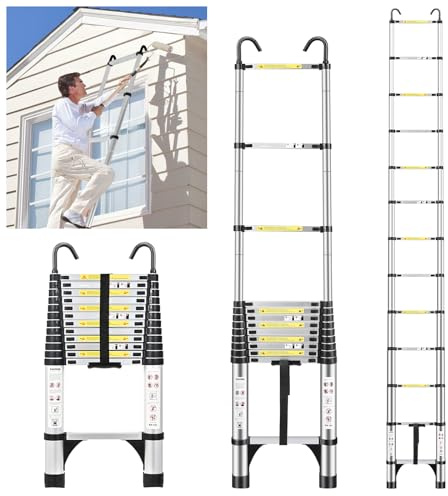 JADDUO 3,8m Aluminium Teleskopleiter mit Haken, 150kg Tragkraft | Mehrzweck Klappleiter mit einklappbaren Trittbrettern, Stufenabstand 30cm für Haushalt & Werkstatt