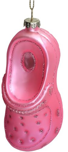 Christbaumschmuck Glas 12,1cm - Hausschuh Figur zum Aufhängen - handbemalt & mit Glitzer - Weihnachtsbaum Anhänger für Weihnachten - Christbaumanhänger & Weihnachtsbaumschmuck - Slipper Schuh Rosa
