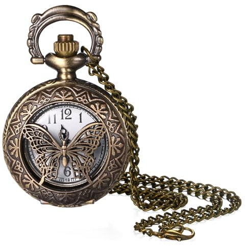 JewelryWe Schmetterling Taschenuhr Damen mit Kette: Kleine Analog Quarz Kettenuhr Vintage Bronze Hohle Schmetterling Uhr Anhänger mit Halskette Pocket Watch Geschenk für Frau Mutter Freundin