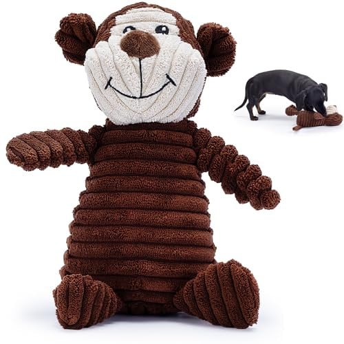 Brown Monkey Plush Dog Toy with Squeaker – Soft, ribbed fabric for chewing and interactive play. A great choice for small, medium, or large dogs playtime with squeaky toys