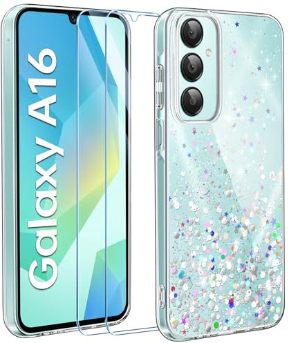 ivencase Glitzer Handyhülle Kompatibel mit Samsung Galaxy A16 5G Hülle, Klar Silikon Case+2 Stück Schutzfolie, Transparent Pailletten Kratzfest Hülle Weich TPU Stoßfeste Schutzhülle Samsung A16