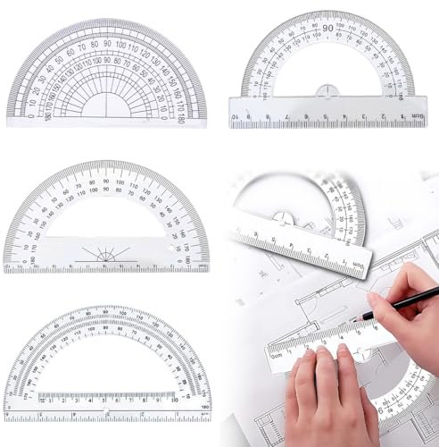 AUEFUDQ 4 Pezzi Goniometro 180°, Goniometri Matematici Plastica, Matematica Geometria Strumento Forniture per Ufficio Scuola Casa Classe Studenti, Trasparente