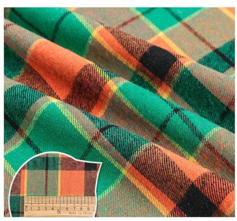 AMateschitz Karierter Baumwollstoff Tartan Stoff aus 100% Baumwolle Karo Muster Baumwolltuch Weihnachten Plaid Stoffpakete Patchwork Quadrate Meterware für Nähen Quilt DIY Orange Grün 1M*150CM