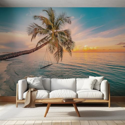 NOGAWA Papier Peint Motif Paysage Coucher de Soleil, 3D Panoramique Papier Peint Palmier Tropical Océan, Papier Mural Decoratif Pour Salon, Chambre, Tapisserie Murales, Décoration Murale 200x140cm
