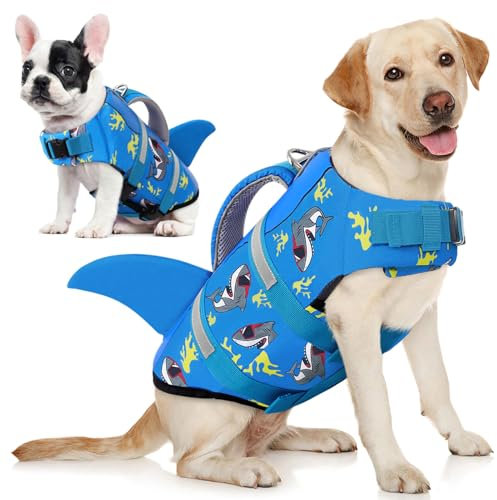 AOFITEE Schwimmweste Hund Große, Hundeschwimmweste Hai für Schwimmen, Hohe Flotation Rettungsweste mit Rettungsgriff und Reflektorstreifen für Kleine, Mittlere, Große Hunde, Shark XL