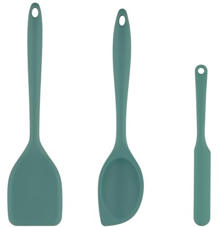 Juego de Espátulas de Silicona de Grado Alimenticio Resistentes al Calor para Hornear Transferir Alimentos Cocinar y Mezclar, 3PCS Antiadherentes Utensilios de Cocina con Espátula Cuchara, Verde