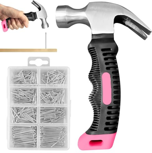 LEKEFETO 560 - Set di mini martelli con chiodi hardware, piccolo martello per artigli con manico antiscivolo, 280 chiodi da parete e 280 chiodi per finitura, fai da te, campeggio, riparazione