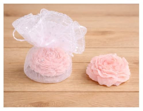 Lot de 20 Bougies Petites Fleurs Roses en Cire de Colza + 20 Tulles Voile | Cadeaux Invités Mariage, Baptême, Naissance | Souvenirs et Décoration Événementielle