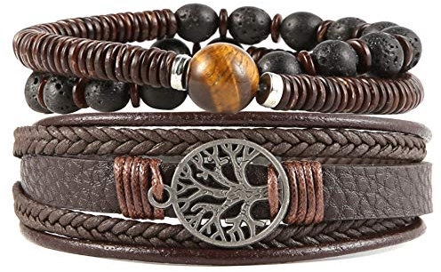 HZMAN Bracelets élastiques en cuir véritable pour homme et femme, œil de tigre, pierre de lave, perles ethniques, tribales, élastiques, Cuir, Pas de gemme