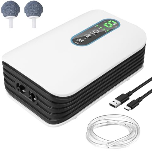 Behogan Aquarium Luftpumpe, 3W Aufladbar Sauerstoffpumpe mit Doppel Auslass, Leise Sauerstoffpumpe für Aquarium, Einstellbarem Durchfluss, Aquarium für Outdoor Angeln und Stromausfälle