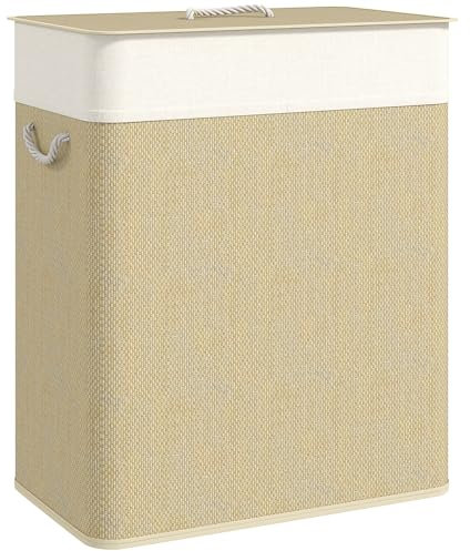 HOMCOM Panier à linge double 100 L, corbeille à linge sale en bambou avec couvercle, poignées en corde, doublure amovible pour salle de bain, chambre à coucher, buanderie, crème