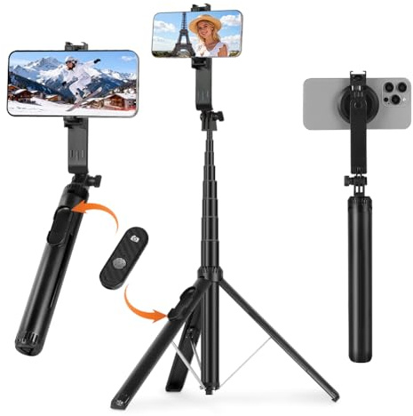 AOOTE Magnetic Selfie Stick Tripod, 154cm Extendable and Portable Selfie Stick with Detachable Wireless Remote＆Phone Clip, Magnetic Attraction Mobile Phone Tripod Stand Compatible with iPhone,Android