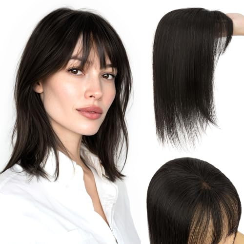 Benehair Silk Base Human Hair Topper with Bangs #1B Natural Black Real Human Hair Topper with Fringe for Thinning Hair Women UK Lightweight 14 Inch 40g Clip in Hairpiece