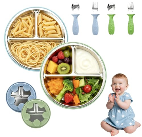 Anluomafuy Lot di 2 Set Stoviglie per Svezzamento in Acciaio Inox con Ventosa | Piatto e Posate Antiscivolo per Neonati | Sicuro Senza BPA, Ideale per Autonomia Alimentare