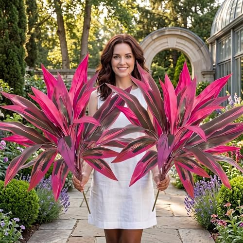 FSFSBLW 2PCS Artificial Tropical Plants Outdoor Fake Dracaena Branches, 60cm Faux Greenery Shrubs, UV Resistant Plastic Leaves for Garden Patio Porch Window Box Decor (Red_2PCS)