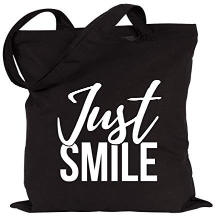 JUNIWORDS Jutebeutel - Wähle eine Farbe - Just Smile (Beutel: Schwarz, Text: Weiß)