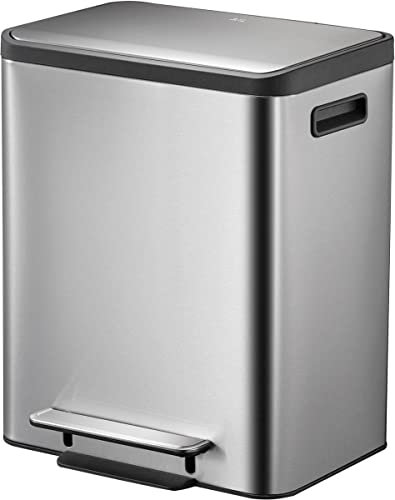 EKO Ecocasa Mülleimer 2 Fächer, 2 x 15 Liter, Tretmülleimer Mülleimer für Küche, Abfalleimer mit Deckel, sanftem Schließen und luftdicht, Mülltrennsystem 2-Fach mit Griff, Edelstahl Matt