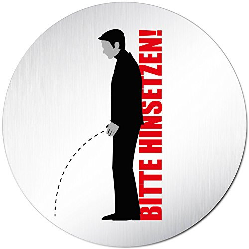 Türschilder24 XXL Türschild • Ø 100 mm rund • Schild im Sitzen pinkeln • aus veredeltem Aluminium Vollmaterial • geschliffene Edelstahloptik • 100% Made in Germany