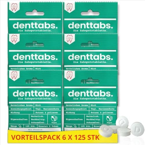Denttabs Toothbrush Tablets Mint with Fluoride 6 x 125 Pieces for 1 Year The Complete Alternative to Toothpaste Vegan Plastic Free No Preservatives Original DENTTABS Compostable Bags