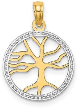 JewelryWeb 14ct Two-tone Gold Small Tree Of Life In White Round Frame Cut-out Charm 18.9x14.9mm Wide Pendant Necklace for Women