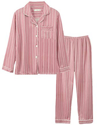 Minetom Ensembles de Pyjama Femme Fille 2 Pièces Bouton Vêtements de Nuit À Rayures Manches Longues Col V Chemise et Pantalon Style L 42