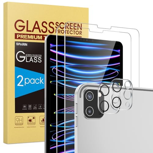 SPARIN Panzer Schutzfolie Glas für iPad Pro 12,9 2022/2021/2020, 2 Stück Displayschutzfolie und 2 Stück Kameraschutz, 9H Härteglas, kompletter Schutz