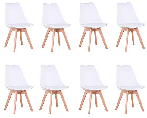 GrandCA HOME Chaises de Salle à Manger Lot de 8 Chaise Scandinave,Blanches | Avec assise Rembourrée en Cuir PU, Pieds en Bois Massif, pour Salle à Manger, Cuisine, Appartement