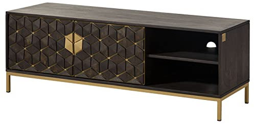MASSIVMOEBEL24.DE Diamond TV-Board massiv Echtholz Mango 145 cm, grau geöltes Lowboard aus Massivholz mit Kabelführung, 2 Türen, 2 offene Fächer, Push-to-Open, Retro-Look Gold Ornamente Eisengestell