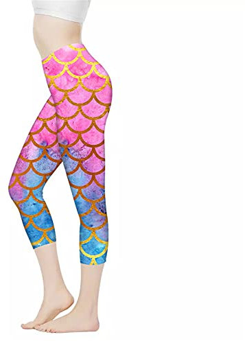 Coloranimal Yoga-Leggings für Damen, Caprihose für Sport, hohe Taille, Bauchkontrolle, Rainbow Mermaid, XXL