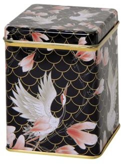 Oriental Crane - Retro/Vintage Style Square Tea Caddy/Kitchen Storage Tin - Black, Gold & Peach - 9.5 x 7.5 x 7.5 cm (100 g)
