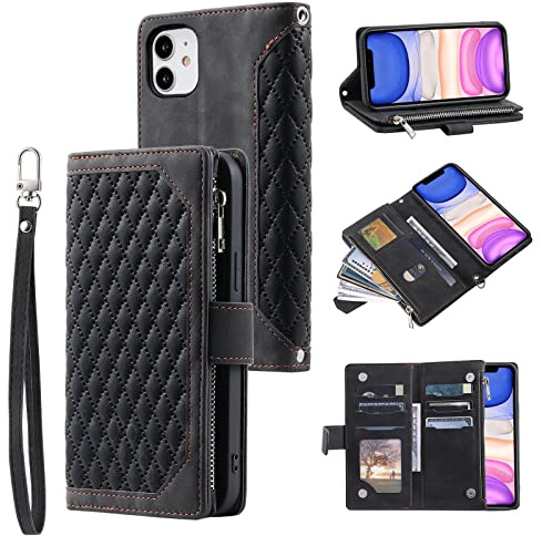 QLTYPRI Wallet Case for iPhone 11(6.1 inch),Luxury Quilted PU Leather Wallet Case with Card Slots for Women,Magnetic Zipper Purse Case with Wrist Strap Kickstand Shockproof Flip Cover-Black