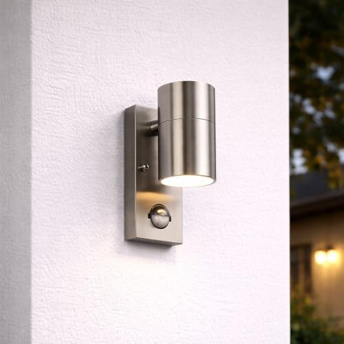 HOFTRONIC - Mason - LED Außenwandleuchte mit Bewegungsmelder und Dämmerungsschalter Edelstahl - GU10 6500K Tageslichtweiß - Moderne Wandlampe Downlight