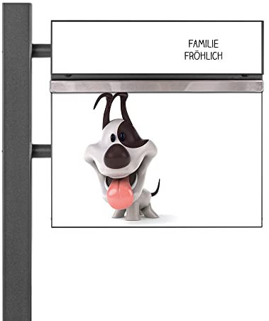 banjado® Standbriefkasten Anthrazit mit Namensschild Comic-Hund & Zeitungsfach/Briefkasten mit Standfuß in Anthrazit/Postkasten A4 Einwurf inkl. Montagematerial & 2 Schlüsseln