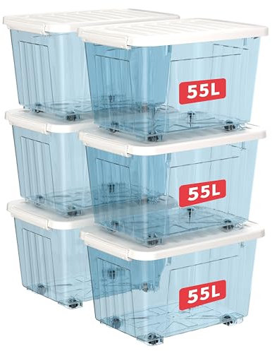 Cetomo 55L*6 Storage Boxes with Wheels, Plastic Storage Box with Lid, Latching Buckles, Click Closure, Stackable, Nesting, Durable Organizer for Home Office Clothes, Clear Blue, 55L-6 Pack