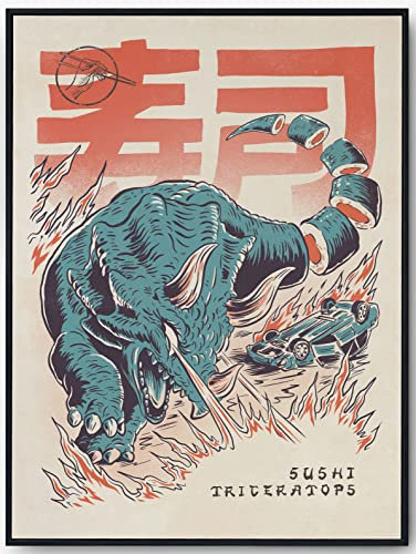 JOPRICO Vintage Japan Poster - Sushi Dinosaurier - Sushi Poster - 30x40cm