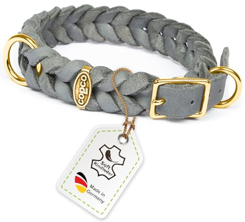 CopcoPet Hundehalsband aus Fettleder 50–55 cm x 20mm Grau – Geflochtenes Lederhalsband – Messing mit Dornschließe – Robust & verstellbar – Für große Hunde, ideal für Alltag & Training