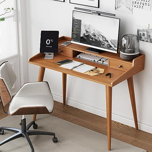 Ucerna Mid Century Moderner Schreibtisch, 104,1 cm, Holz, Heimbüro, Schreibtisch, Computer- oder Laptop-Schreibtisch mit Monitorständer und offenem Stauraum, Schreibtisch mit 2 Schubladen