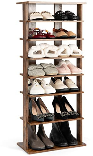 GIANTEX Schuhregal schmal und hoch, Schuhschrank Regal Holz 8 Ebenen, Schuhständer Schuhablage vertikal, Schuh-Organizer platzsparend, Holzregal Standregal Lagerregal Eckregal Rustikalbraun