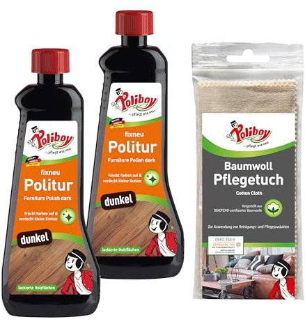 POLIBOY fixneu Politur dunkel - Möbelpolitur für dunkle lackierte Hölzer - farbauffrischende Holzpolitur - 2x 500ml - Mit Baumwolltuch - Made in Germany