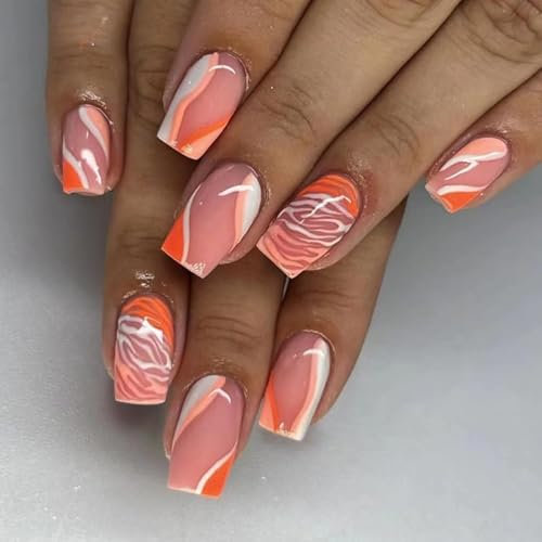 24pcs Short Square False Nails Leopard Print Press on Nail Swirl Stick on Nails Orange Pink False Nails Removable Glue-on Nails Full Cover Fake Nails Women Brides Nail Art Accessories