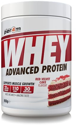 Per4m Whey Protein, Molkenprotein mit vollem Aminosäureprofil, unterstützt Muskelaufbau & Regeneration, reich an essentiellen Aminosäuren, für Sportler nach dem Training – Red-Velvet-Kuchen – 900g