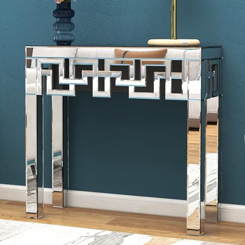 SHYFOY Table console, console d'entrée miroir, plateau en verre trempé, cadre robuste et stable, pour salon, couloir, argent