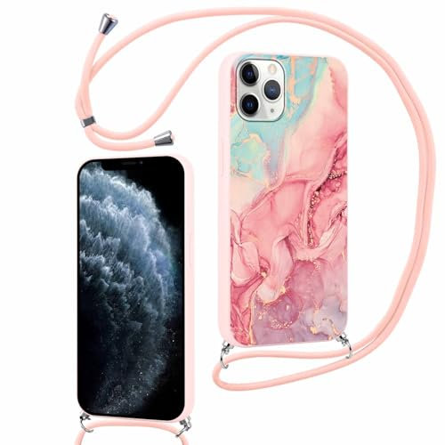 ZhuoFan Handykette für iPhone 11 Pro Hülle mit Band, Aesthetic Rosa Marmor Muster Verstellbarer Halskette Handyhülle mit Kordel zum umhängen Silikon Stoßfest Schutzhülle mit Kette, 06