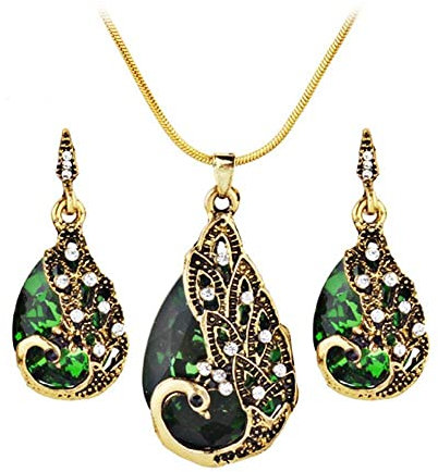 Generic 3 Stück Frauen charmante Schwan Halskette Anhänger Kette baumeln Ohrring Ringe Schmuck-Set, grün tragbar und nützlich Professionell verarbeitet