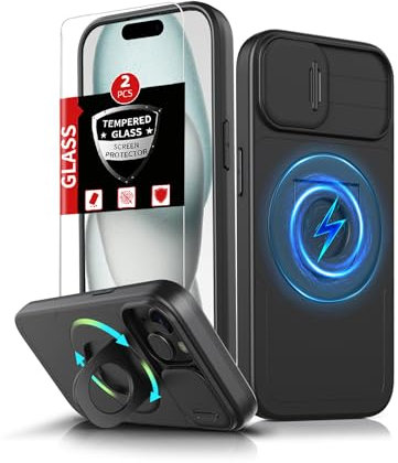 FRLMOOES für iPhone 15 Hülle kompatibel mit MagSafe Magnetisch Schutzhülle,mit 2 Displayschutz,360°Ständer Ring,Kameraschutz,Hochleistungsschutz Militärischer Stoßfest für iPhone 15 Handyhülle,Schwarz