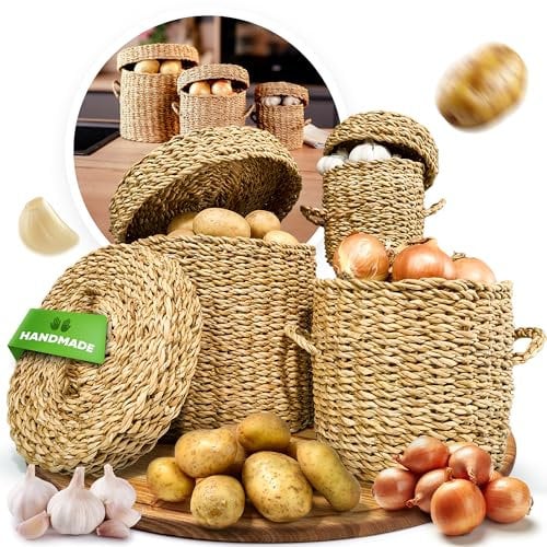 Fruit Hub® Kartoffel‑ & Zwiebel‑Aufbewahrungsbox aus Seegras – 3er Set natürliche Gemüsebehälter – atmungsaktiv & lichtdicht – nachhaltige Küchen‑Organisation